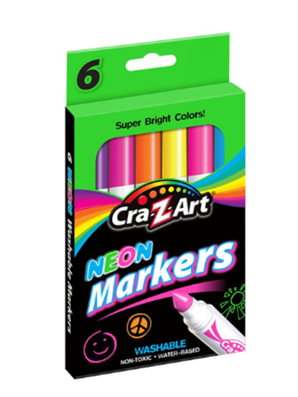 Fun 6 Count Neon Broadline Markers - Water-Based and Non-Toxic for Young Artists